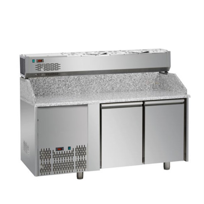 Banco pizza refrigerato, 2 porte, vetrina refrigerata 7xGN 1/4 senza vetri motore a sinistra E