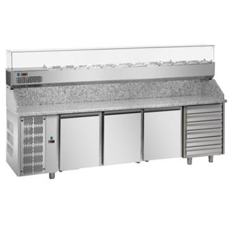 Banco pizza 3 porte, sei cassetti, vetrina 12xgn1/4 Motore sx E