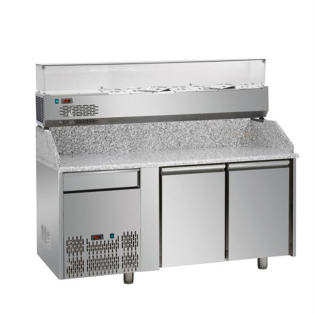 Banco pizza refrigerato, 2 porte,un cassetto, vetrina refrigerata 7xGN 1/4 motore a sinistra E