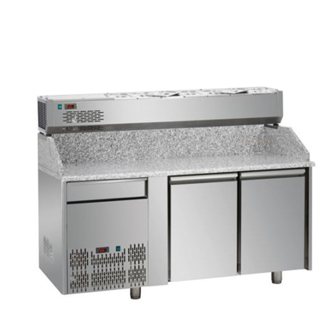 Banco pizza refrigerato,un cassetto,2 porte, vetrina ref. 7xGN 1/4 senza vetri motore a sinistra E