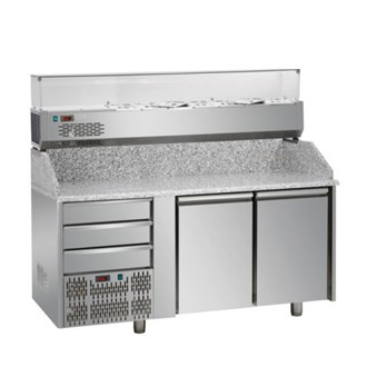 Banco pizza refrigerato, 2 porte,Tre cassetti, vetrina refrigerata 6XGN1/3 motore a sinistra E