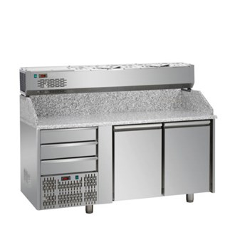 Banco pizza refrigerato,3 cassetti,2 porte, vetrina ref. 6xGN 1/3 senza vetri motore a sinistra E