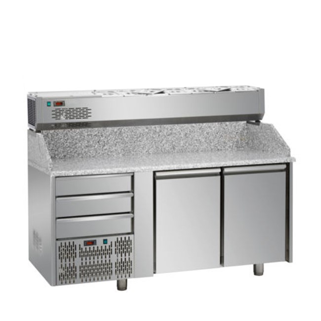 Banco pizza refrigerato,3 cassetti,2 porte, vetrina ref. 7XGN1/4 senza vetri motore a sinistra E