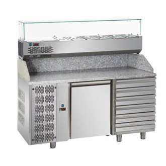 Banco refrigerato pizza, 1 porta, sei cassetti, vetrina refrigerata 5xgn1/3 motore a sinistra E