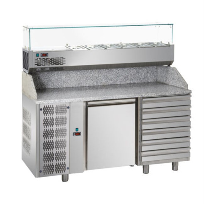 Banco refrigerato pizza, 1 porta, sei cassetti, vetrina refrigerata 5xgn1/3 motore a sinistra E
