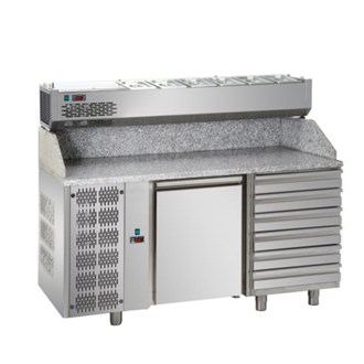 Banco refrigerato pizza,1 porta, sei cassetti, vetrina senza vetri 5xgn1/3 motore a sinistra E