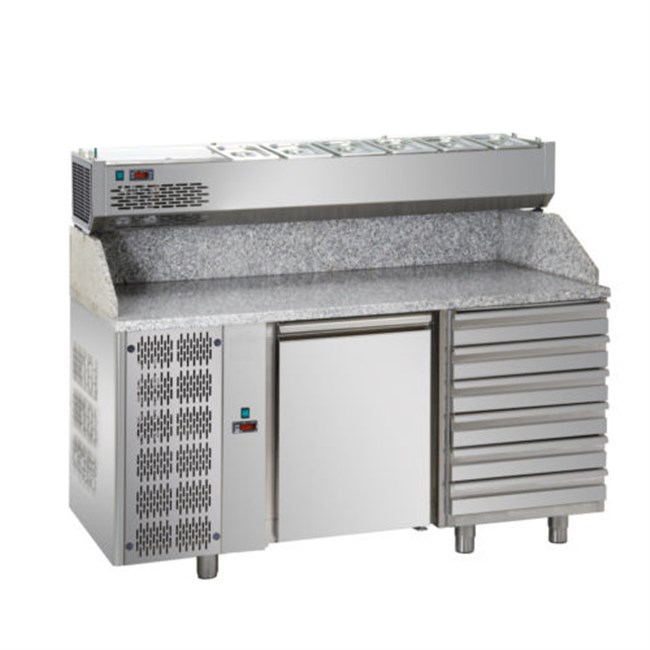 Banco refrigerato pizza,1 porta, sei cassetti, vetrina senza vetri 5xgn1/3 motore a sinistra E