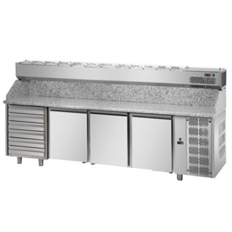 Banco pizza 3 porte, sei cassetti, vetrina senza vetri 10xgn1/3 E