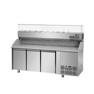 Banco refrigerato per pizza GN1/1 con tre porte, piano in Granito + vetrina refrigerata 8xgn1/3 E