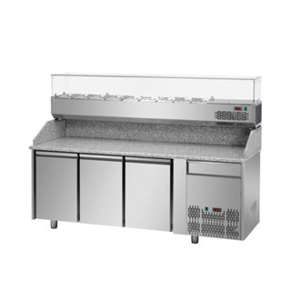 Banco refrigerato per pizza GN1/1, tre porte 1 casetto, Granito + vetrina refrigerata 8xgn1/3 E