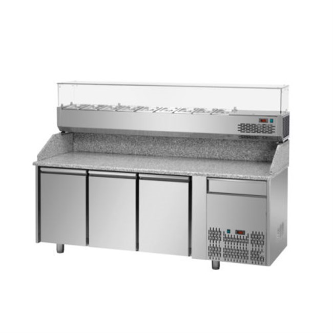 Banco refrigerato per pizza GN1/1, tre porte 1 casetto, Granito + vetrina refrigerata 8xgn1/3 E