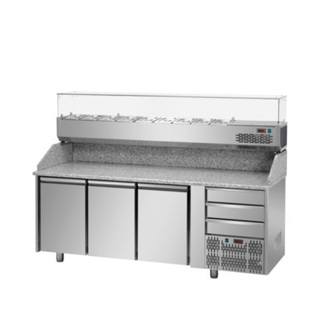 Banco pizza GN1/1 tre porte 3 cassetti, vetrina refrigerata 9xgn1/4 E