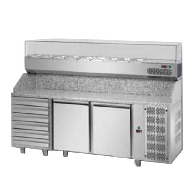 Banco pizzeria 2 porte, sei cassetti, vetrina 8xgn1/3 E