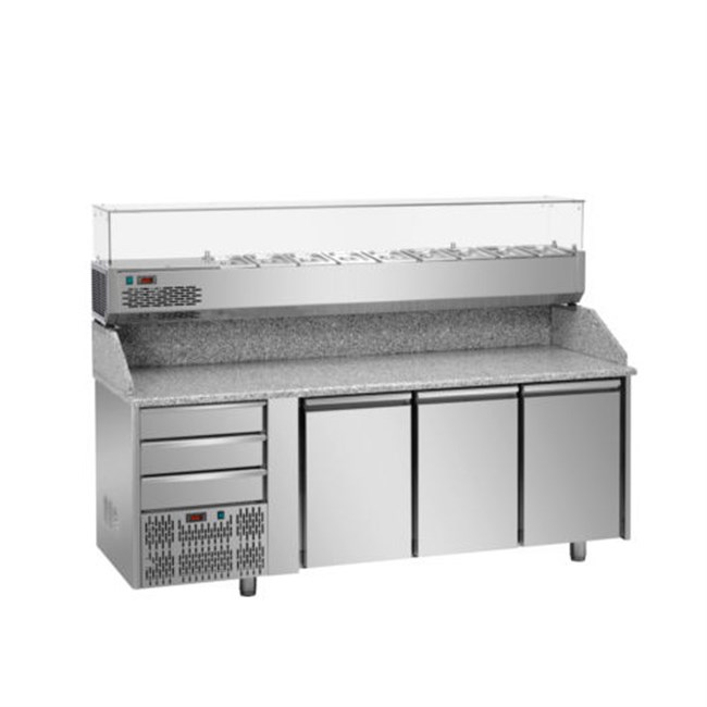 Banco pizza tre porte 3 cassetti, vetrina 9xgn1/4 motore sx E