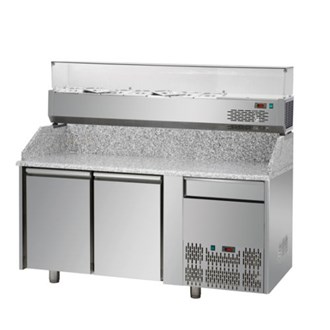 Banco refrigerato per pizza GN1/1 con 2 porte, un cassetto neutro + vetrina refrigerata 6xgn1/3 E