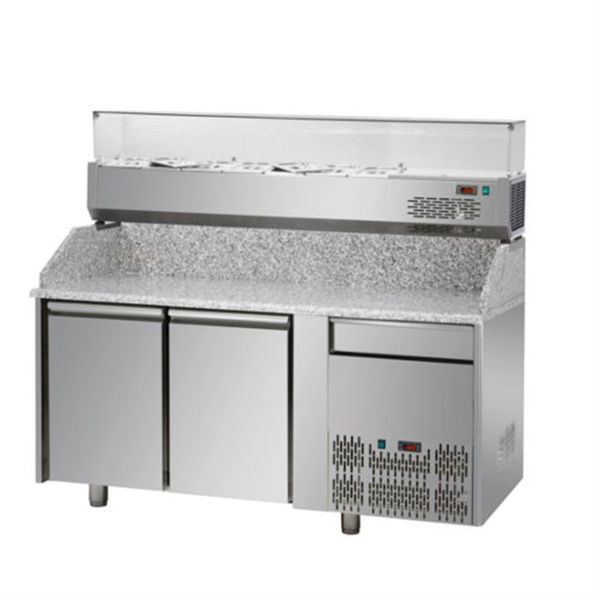 Banco refrigerato per pizza GN1/1 con 2 porte, un cassetto neutro + vetrina refrigerata 6xgn1/3 E