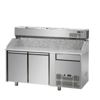 Banco refrigerato per pizza,2 porte, un cassetto neutro + vetrina refrigerata senza vetro 6xgn1/3 E