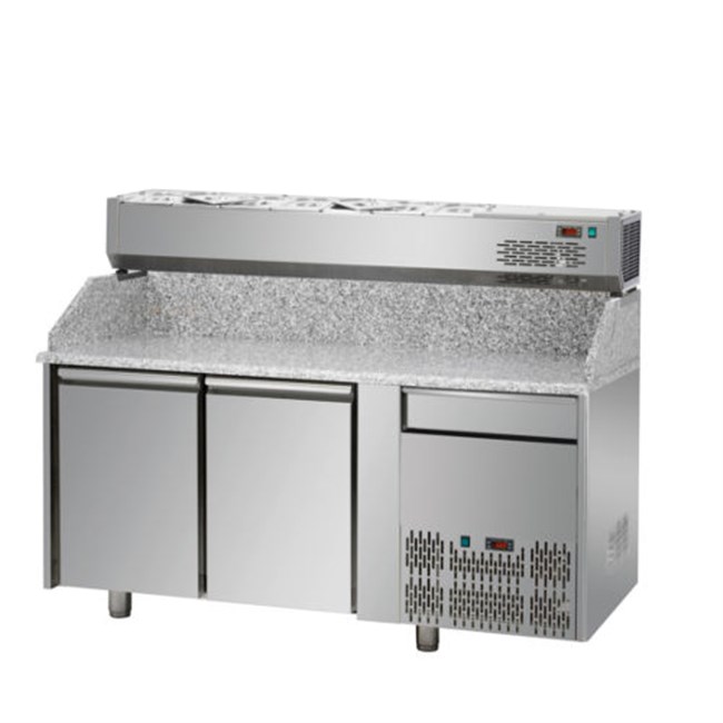 Banco refrigerato per pizza,2 porte, un cassetto neutro + vetrina refrigerata senza vetro 7xgn1/4 E