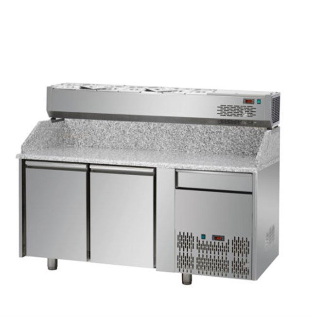 Banco refrigerato per pizza,2 porte, un cassetto neutro + vetrina refrigerata senza vetro 6xgn1/3 E