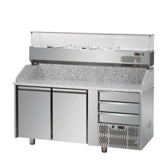 Banco refrigerato per pizza GN1/1 con 2 porte,  3 cassetti neutri + vetrina refrigerata 7xgn1/4 E