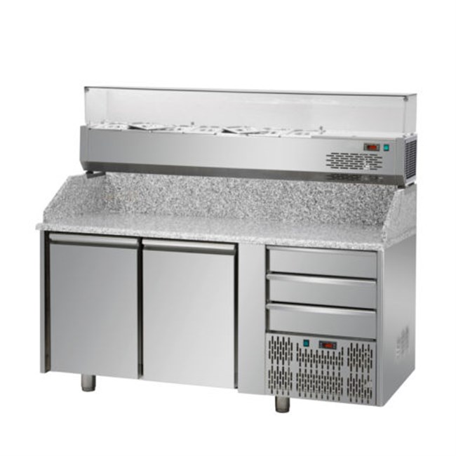 Banco refrigerato per pizza GN1/1 con 2 porte,  3 cassetti neutri + vetrina refrigerata 7xgn1/4 E