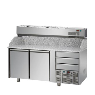 Banco refrigerato per pizza,2 porte, 3 cassetti neutri+ vetrina refrigerata senza vetro 6xgn1/3 E