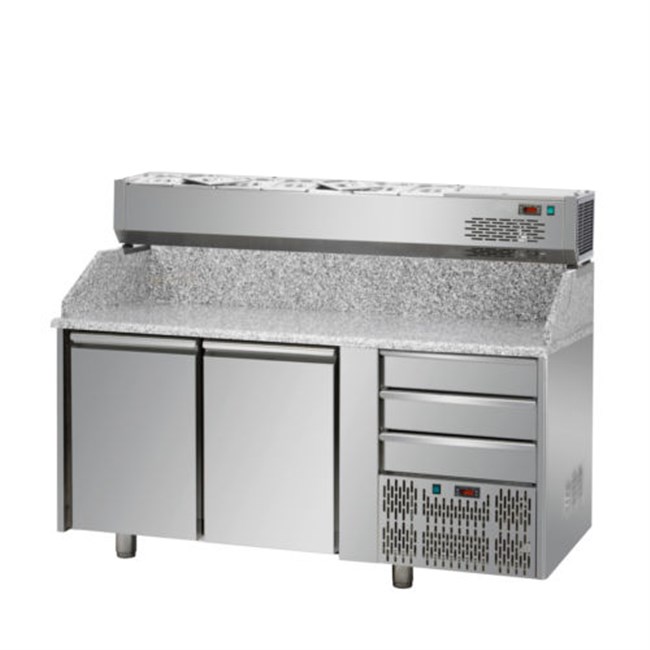 Banco refrigerato per pizza,2 porte, 3 cassetti neutri+ vetrina refrigerata senza vetro 6xgn1/3 E