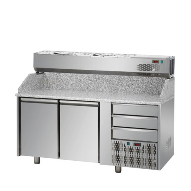 Banco refrigerato per pizza,2 porte, 3 cassetti neutri + vetrina refrigerata senza vetro 7xgn1/4 E