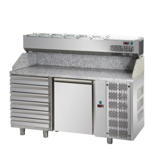 Banco refrigerato pizza, 1 porta, sei cassetti neutri, vetrina refrigerata senza vetri 5xgn1/3 E