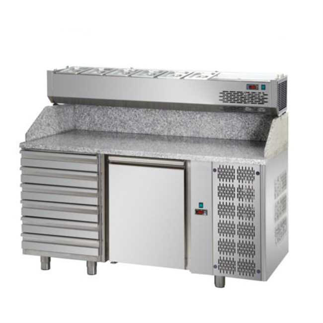 Banco refrigerato pizza, 1 porta, sei cassetti neutri, vetrina refrigerata senza vetri 6xgn1/4 E