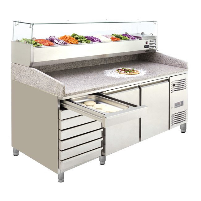 Banco frigo pizza 2 porte 7 cassetti neutri con vetrina ingredienti