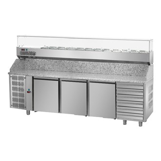 Banco pizza 3 porte, sei cassetti, vetrina 12xgn1/3 vetri dritti 