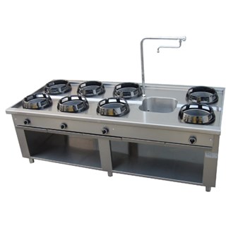 Cucina wok 8 fuochi centrale con rubinetto su vano aperto