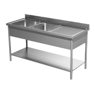 Lavatoio inox gambe tonde con ripiano due vasche e gocciolatoio dx