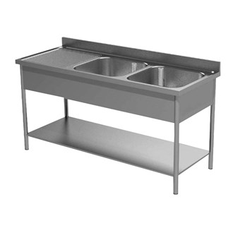 Lavatoio inox gambe tonde con ripiano due vasche e gocciolatoio sx