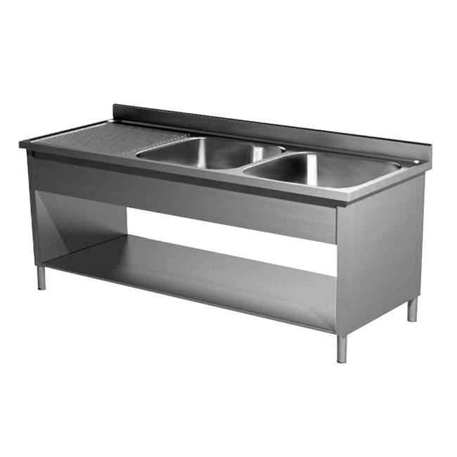 Lavatoio inox su fianchi con ripiano due vasche e gocciolatoio sx