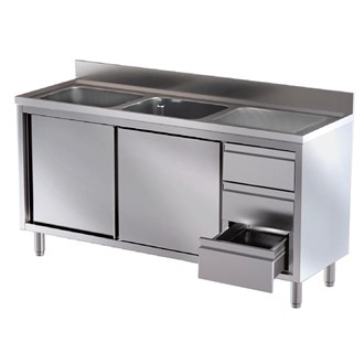 Lavello armadiato inox due vasche, gocciolatoio e cassettiera Dx