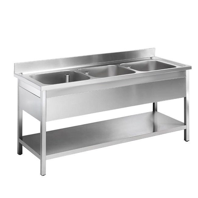 Lavatoio acciaio inox professionale 3 vasche con ripiano