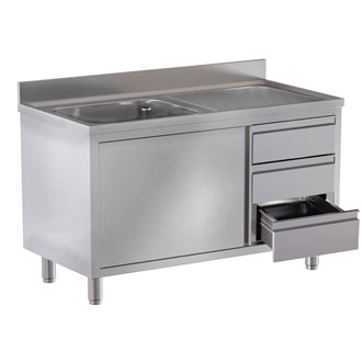 Lavatoio inox armadiato anta battente 1 vasca gocciolatoio e cassettiera Dx