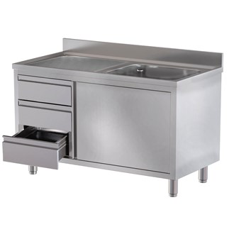 Lavatoio inox armadiato anta battente 1 vasca gocciolatoio e cassettiera Sx