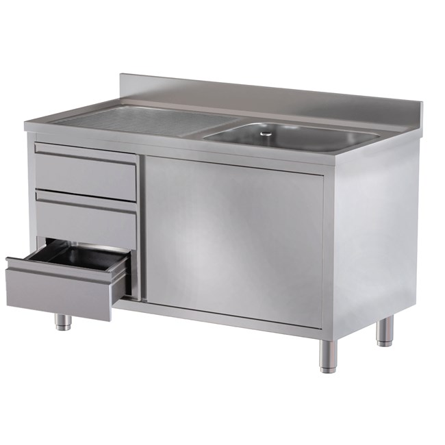 Lavatoio inox armadiato anta battente 1 vasca gocciolatoio e cassettiera Sx