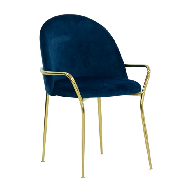 Poltroncina in velluto blu con gambe in ottone