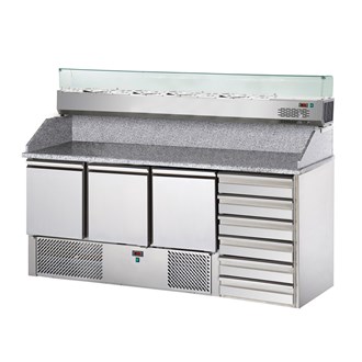 Saladette refrigerata 3 porte 6 cassetti  piano in granito vetrina refrigerata 