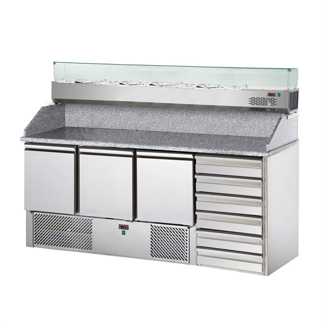 Saladette refrigerata 3 porte 6 cassetti  piano in granito vetrina refrigerata 