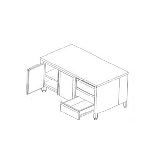 Tavolo Inox Armadiato con ante battenti e 3 cassetti a destra.