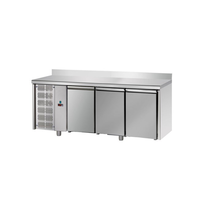 Tavolo refrigerato BT temperatura negativa -18/-22 °C 3 porte, con paino inox e alzatina