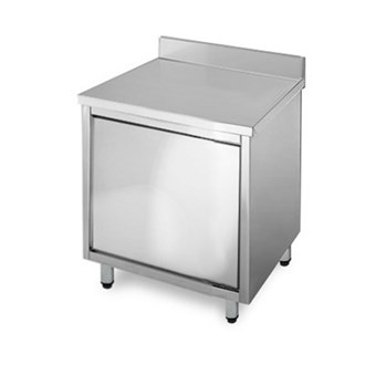 Tavolo Inox Armadiato con ante battenti e alzatina.