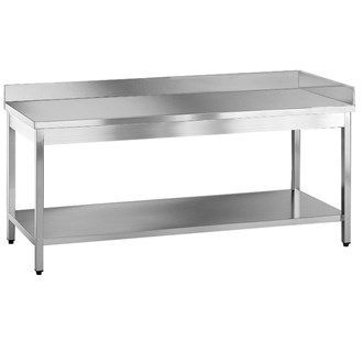 Tavolo inox con ripiano e alzatina posteriore e laterale Dx