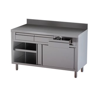 Tavolo Inox Armadiato con scorrevoli,alzatina e cassetti superiori.