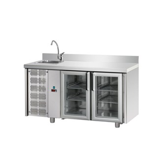 Tavolo refrigerato TN 2 porte in vetro e lavello a sinistra, alzatina M